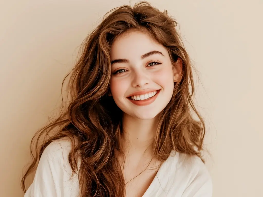 beautiful young woman with long hair smiling at camera