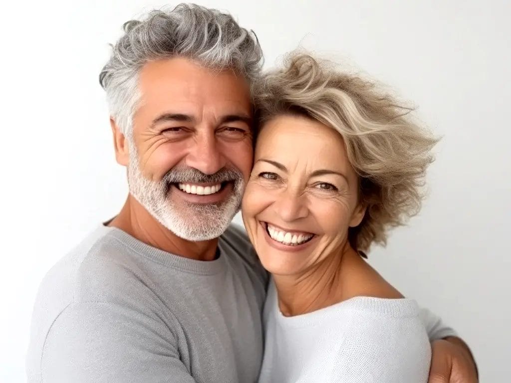 fashionable older couple smiling and hugging