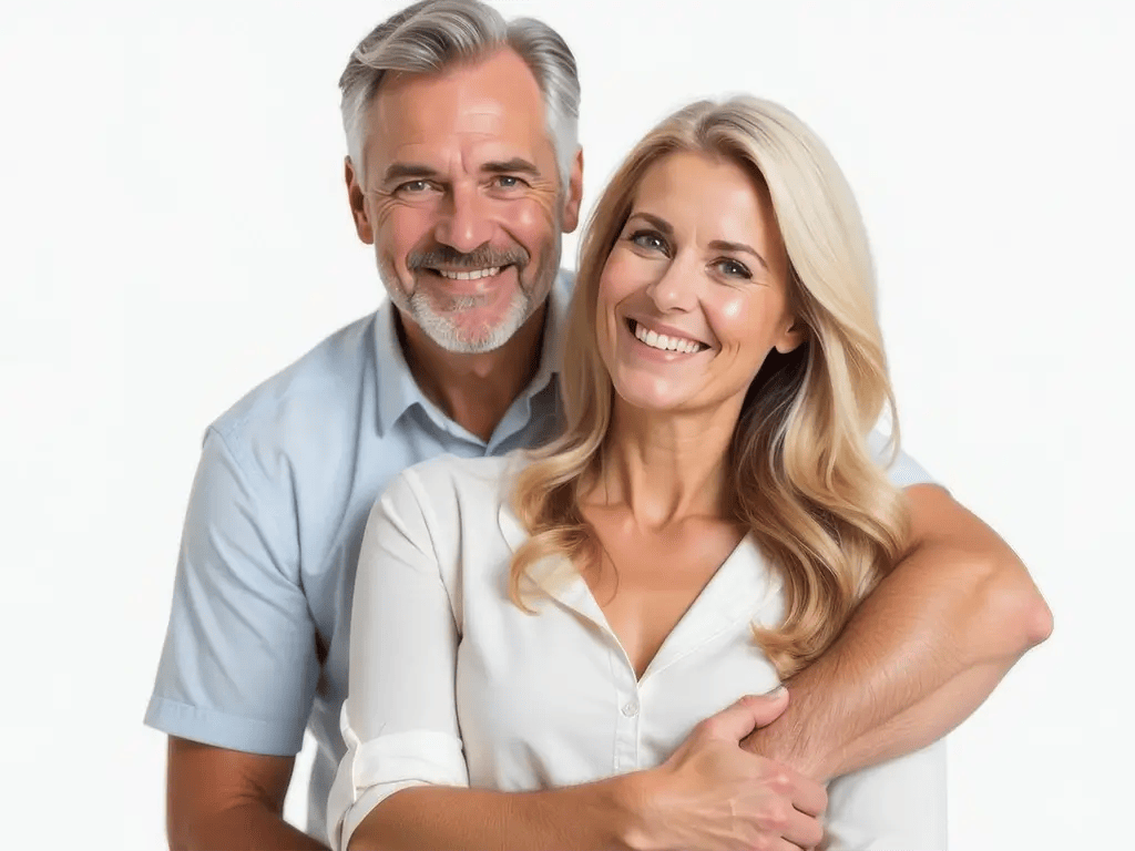 happy smiling romantic middle aged couple man and woman hugging